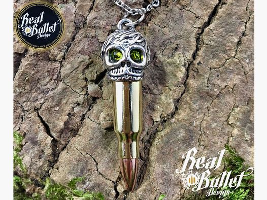 Realbullet Design Kette Skull & Brain Strass Edition Kaliber .223 REM Handarbeit aus Originalpatronen