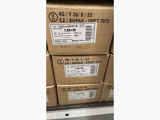 Sellier & Bellot 7,62x39 Full Metal Jacket 8,0g/124grs. 8x 50 cartouches = 400 cartouches = 1 carton