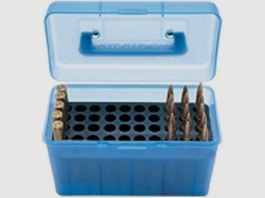 MTM Deluxe boîte à cartouches H50-RS-24 bleue claire avec couvercle rabattable et poignée pour 50 cartouches .17 et moins.