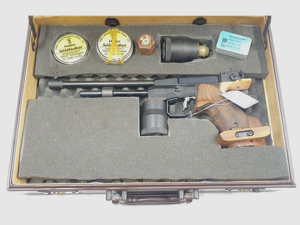 Pistola CO2 Feinwerkbau Mod. C25 calibre 4,5mm diabolo, F en pentágono con maletín y accesorios, izquierda