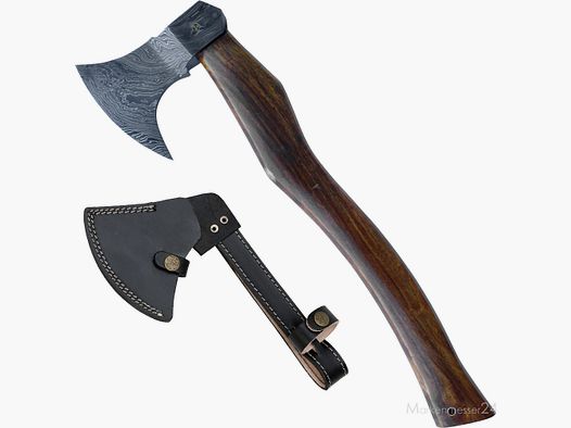 Hache en damas avec manche en bois courbé, lame de hache avec étui en cuir