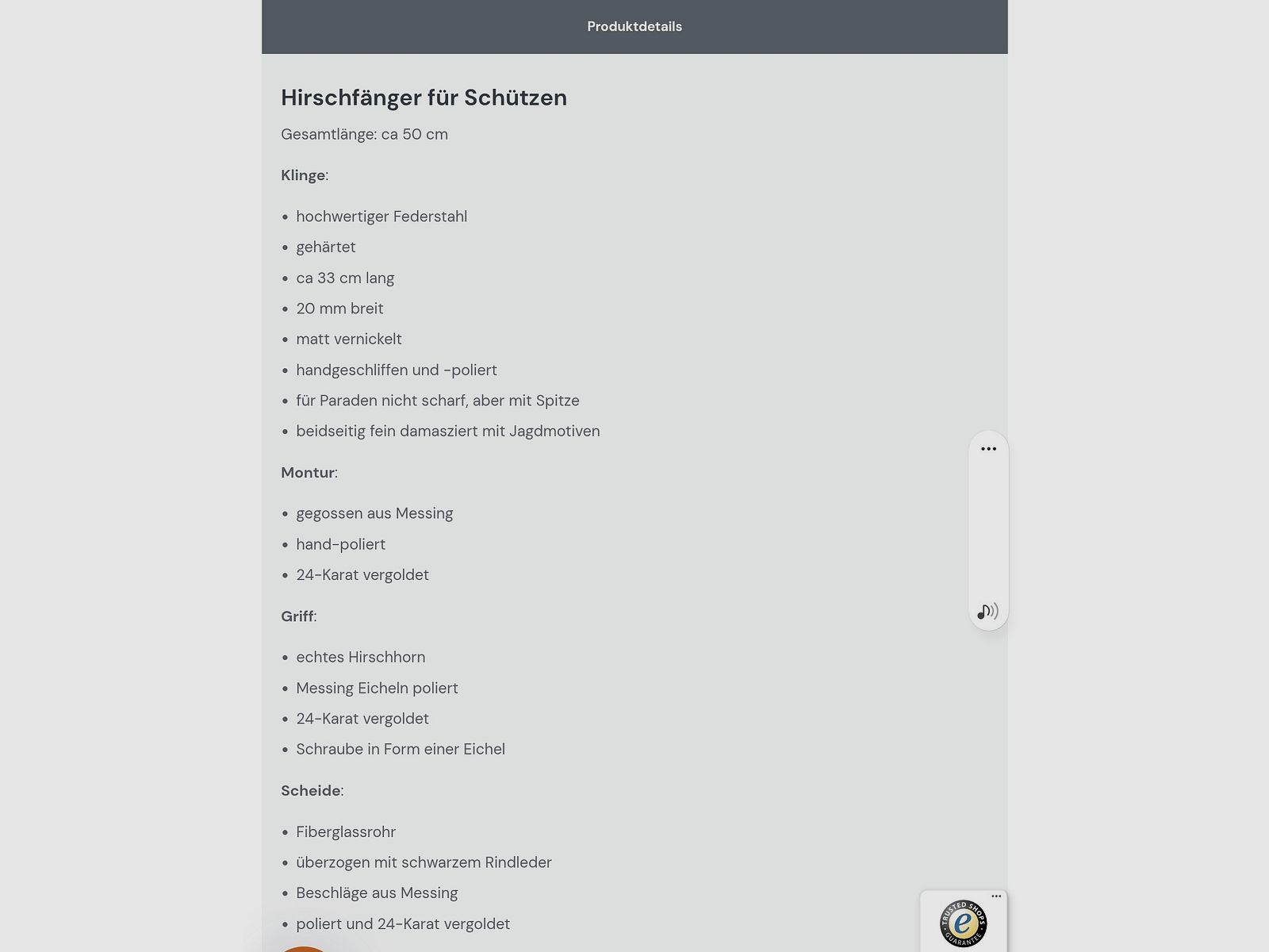 NEU -  1 Hirschfänger  -  50 cm -  24 k - Hirschhorn, immagine 5 di 6