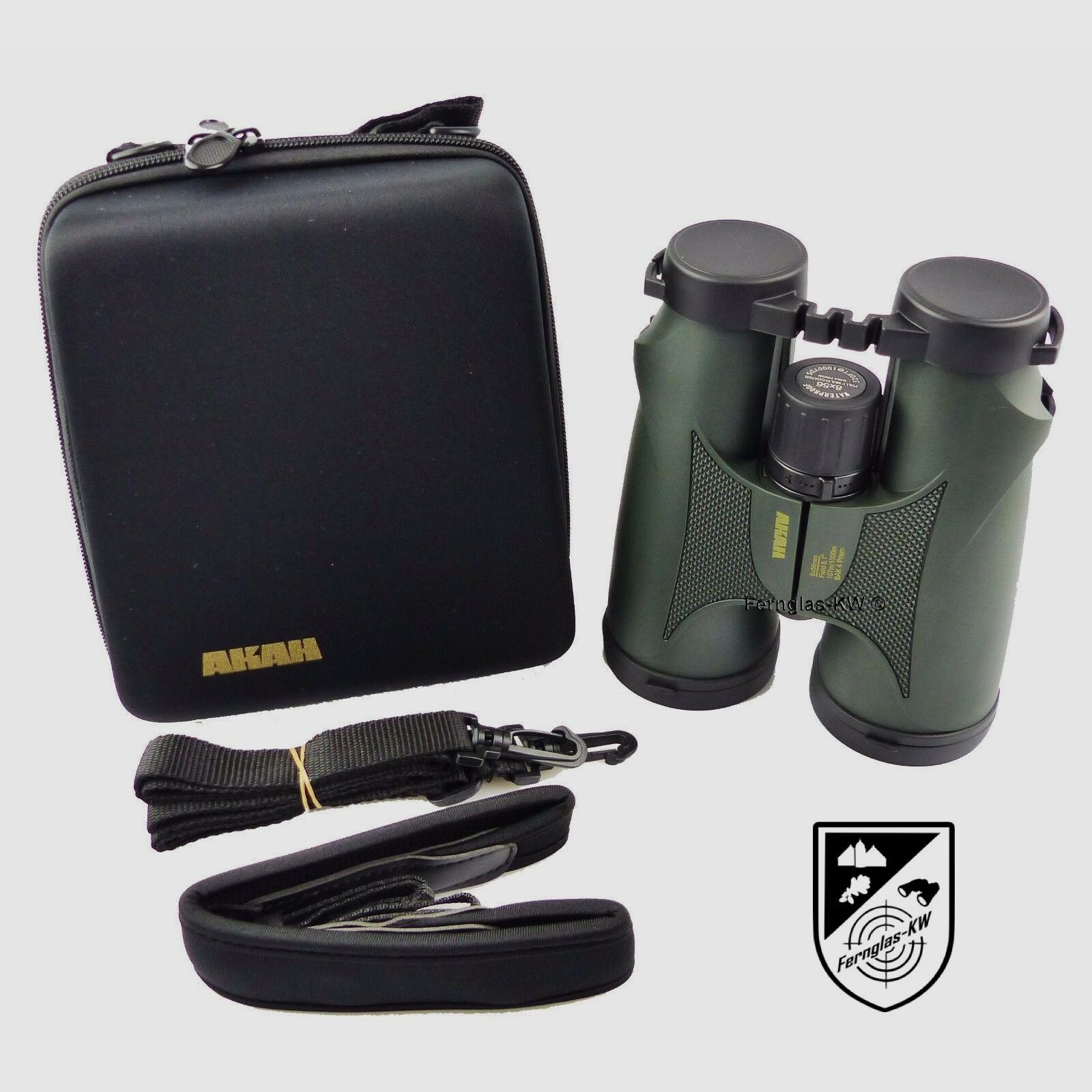 AKAH binoculars 8x56 with carrying case and carrying strap sitting binoculars hunting binoculars