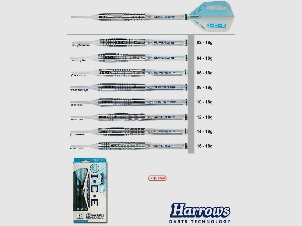 Harrows Darts Technology Ice 90% GArctic 18g Dart y accesorios