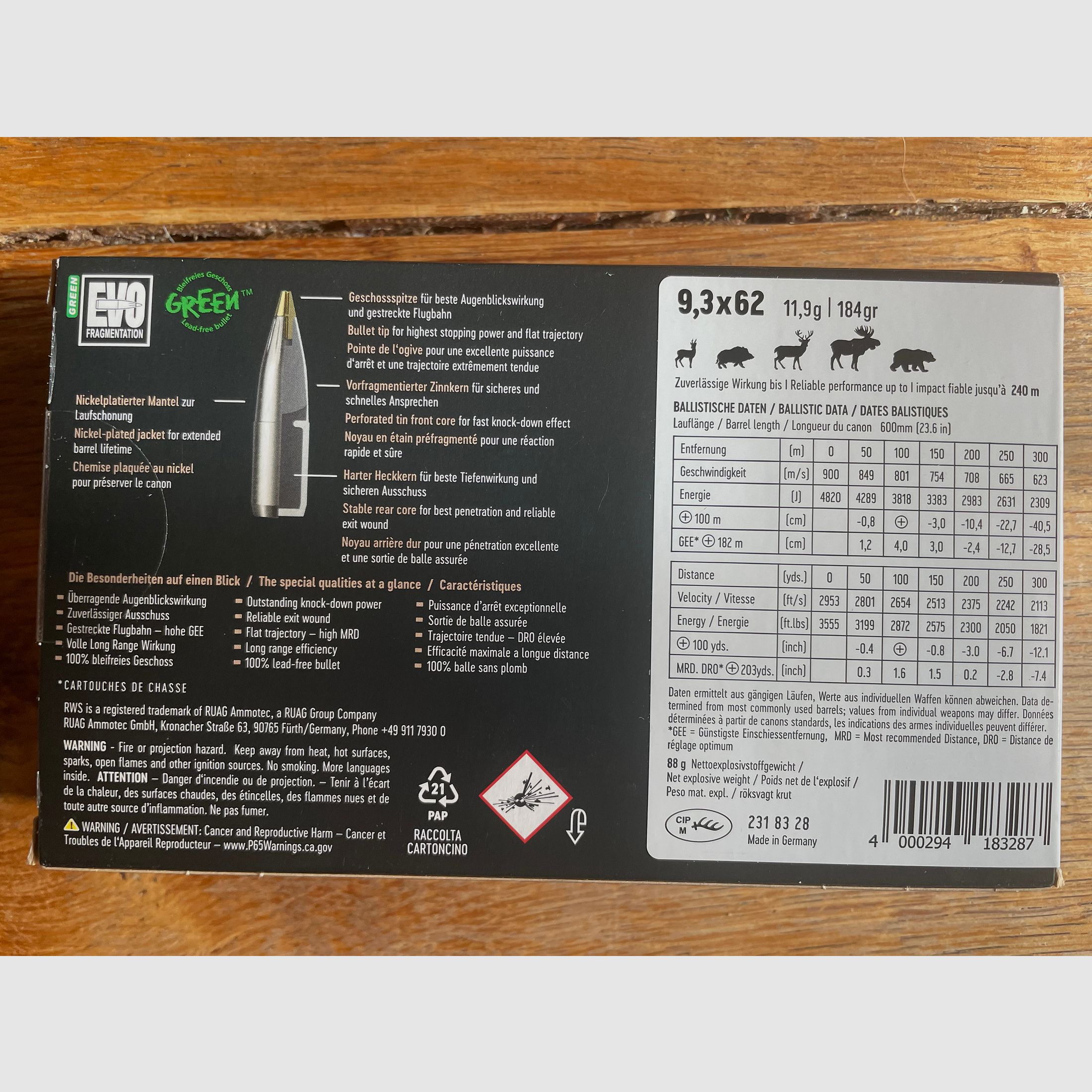 RWS Evo Green 9.3x62 11,9g/184gr Jagdpatrone - 37 Stück