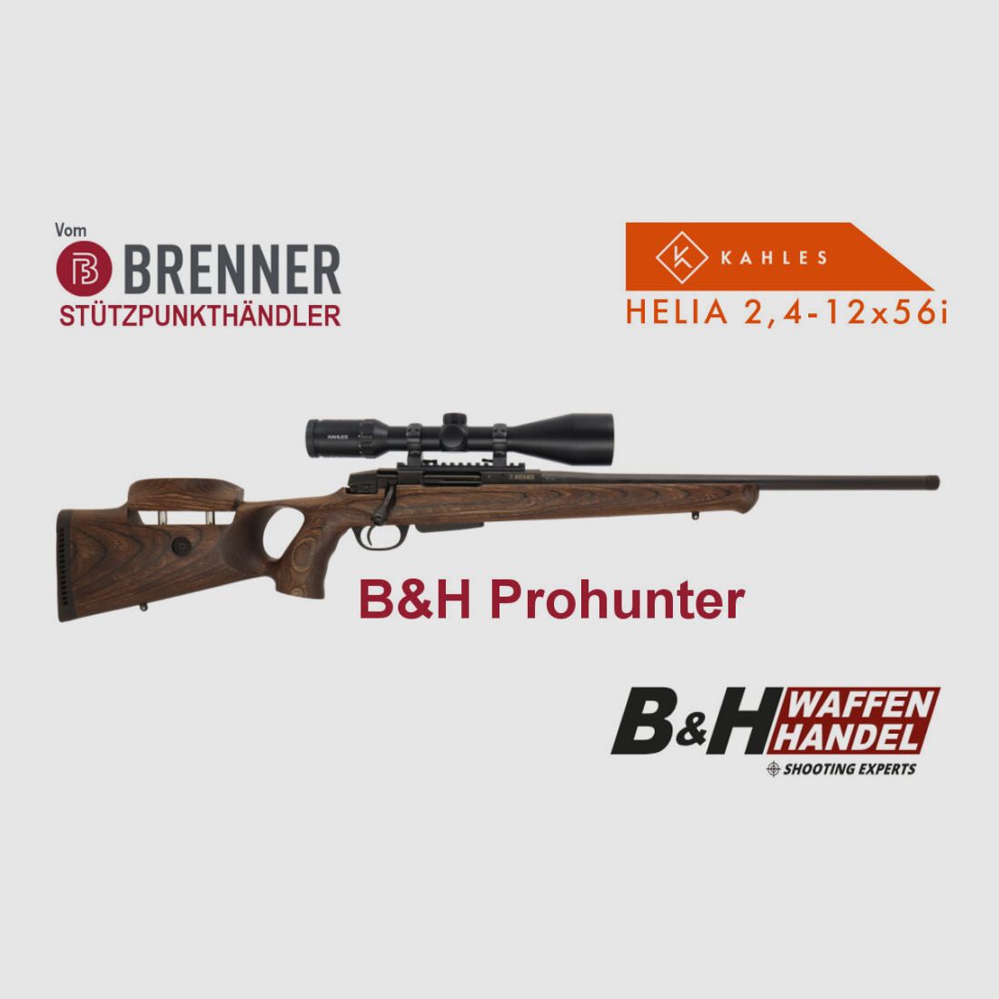 Paquete completo Brenner: BR20 B&H Prohunter culata con ajuste incluido. Kahles Helia 2.4-12x56 montado listo para caza rifle de repetición.