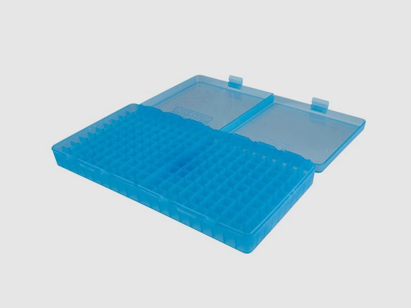 MTM scatola per cartucce P-200-45-24 blu trasparente con coperchio a ribalta per 200 cartucce .45 ACP e altre.