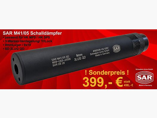 Schwaben Arms GmbH SAR M41-05 Schalldämpfer für HK MP5 / HK SP5 9mmLuger SD 3LUG QD 3-Warzen-Verriegelung / TriLock
