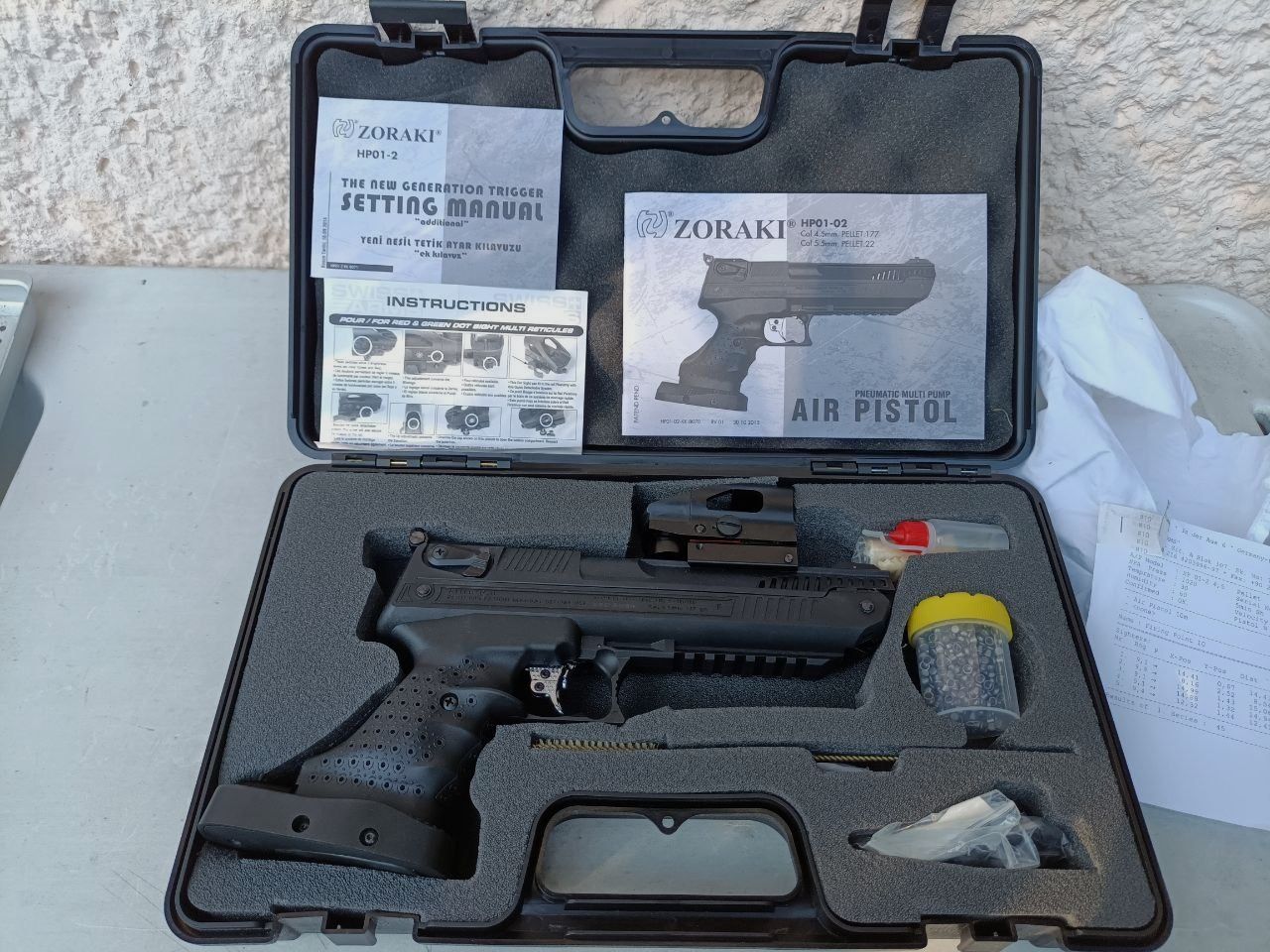 Zoraki HP 01 precompression con mirino Red Dot munizioni scatola di raccolta pallini bersagli