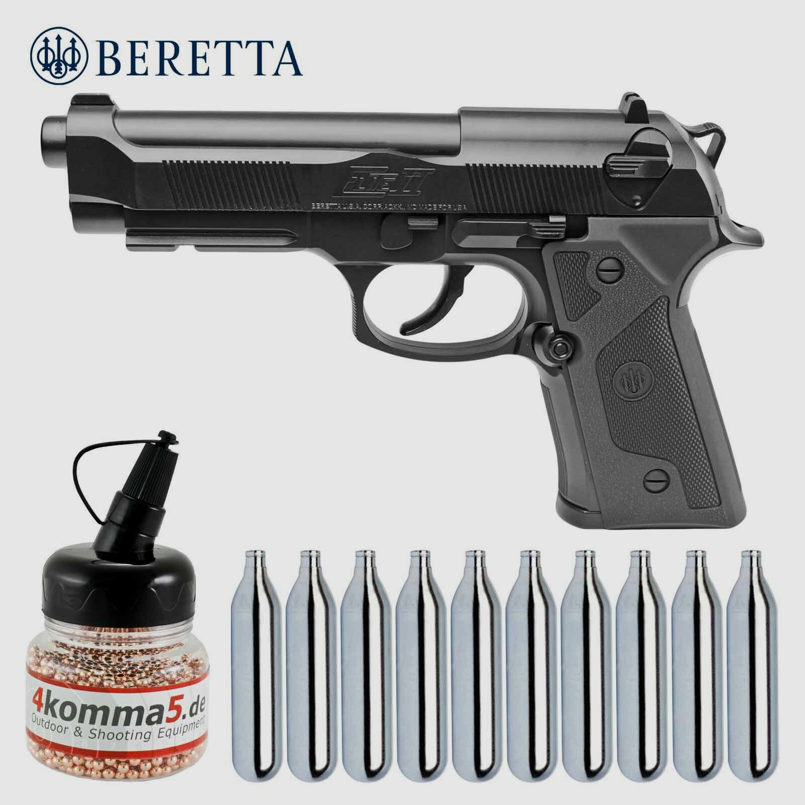 Luftpistolenset Beretta Elite II 4,5 mm BB Co2 (P18) + 10 Co2-Kapseln + 1500 Stahl-BB's 4komma5
