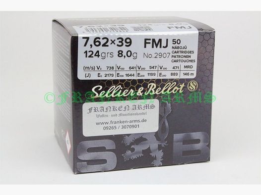 Sellier&Bellot 7,62x39 FMJ 124gr. 8,0g 50 pièces