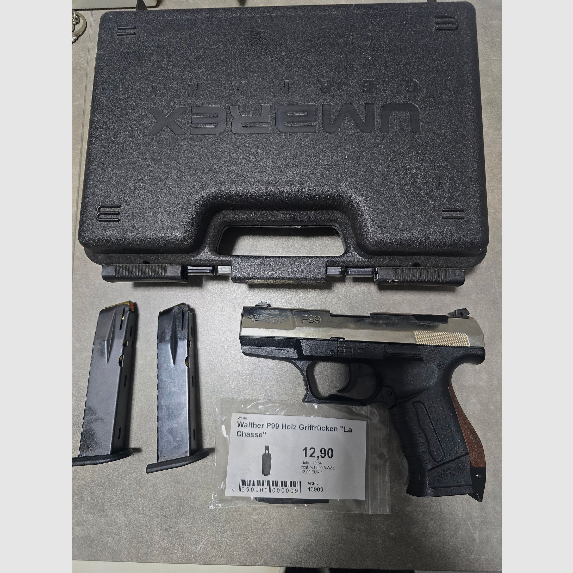Walther P99 Stahlverschluss nickel Holzrücken, Ersatzmagazin und Koffer !!