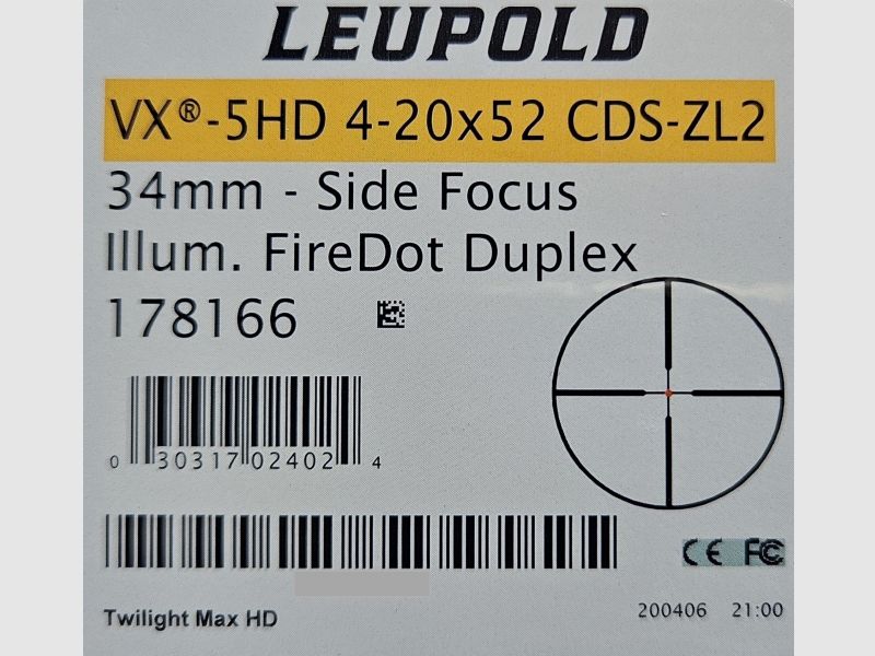 Neuware vom Fachhandel - Zielfernrohr Leupold VX-5HD 4-20x52mm FireDot Duplex mit ASV CDS-ZL2