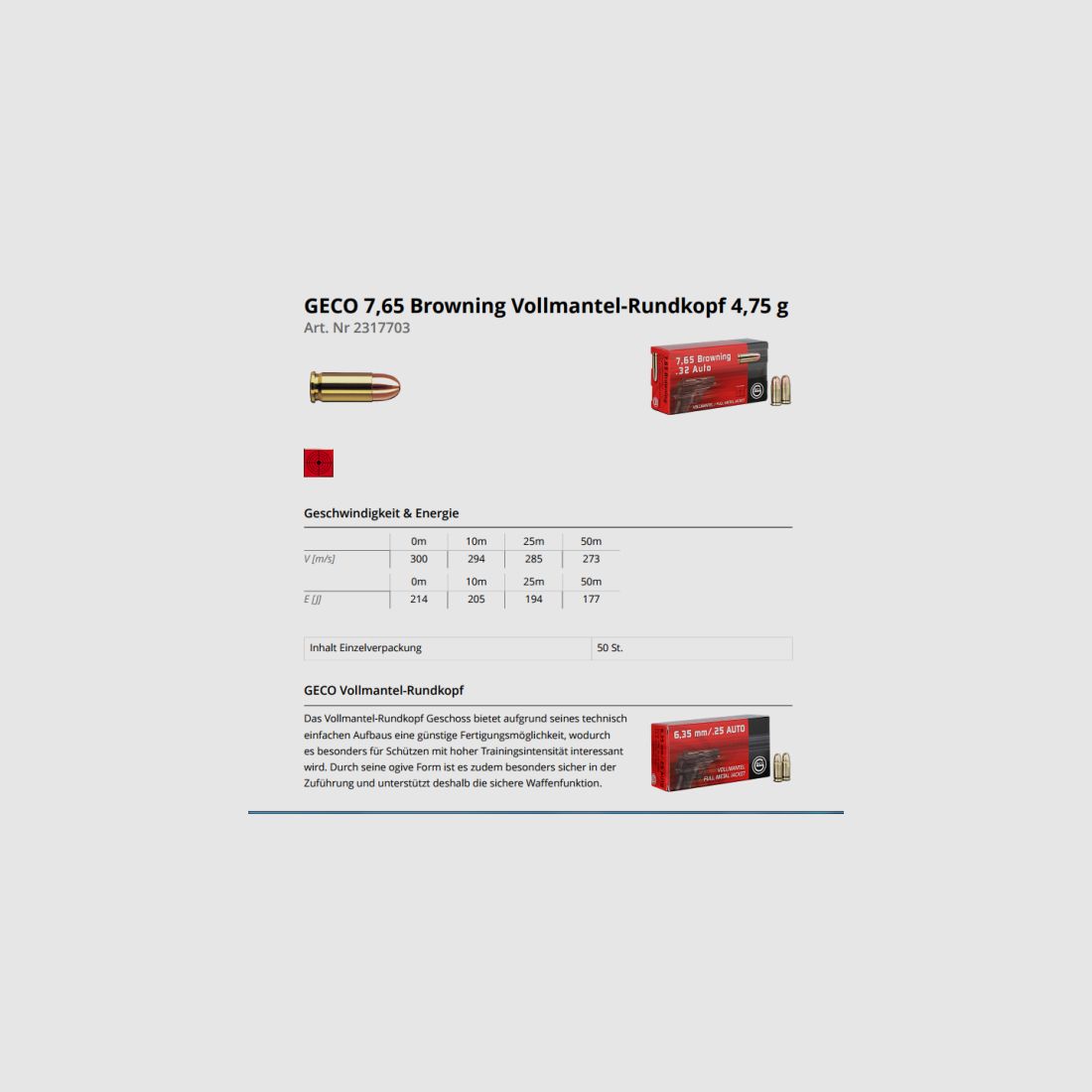 GECO Pistolenmunition 7,65mm/.32Auto VM 50 Stk   73grs/4,75g