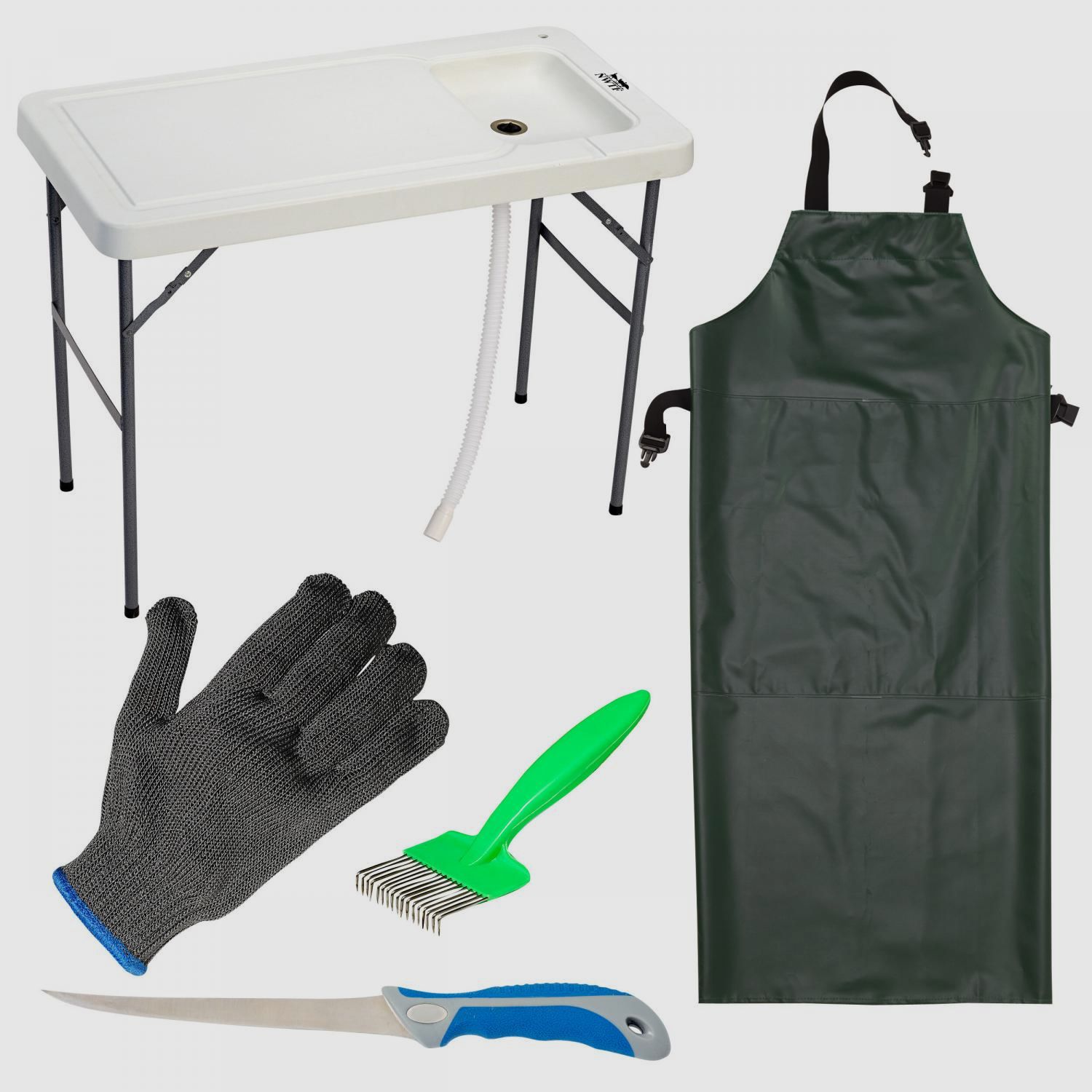 Set: Filetier-Tisch, PVC Schürze, Filetiermesser, Grätenkamm + Filetierhandschuh