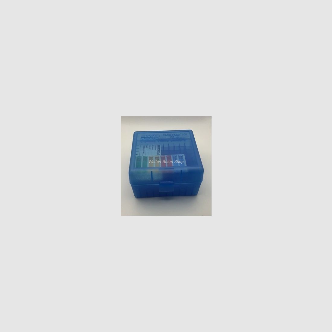 MTM ammunition box with hinged lid 100RDS .223/.222/.204/6x47 Transparent Blue