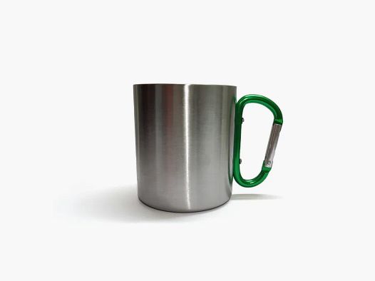 Double-walled stainless steel mug with green carabiner handle