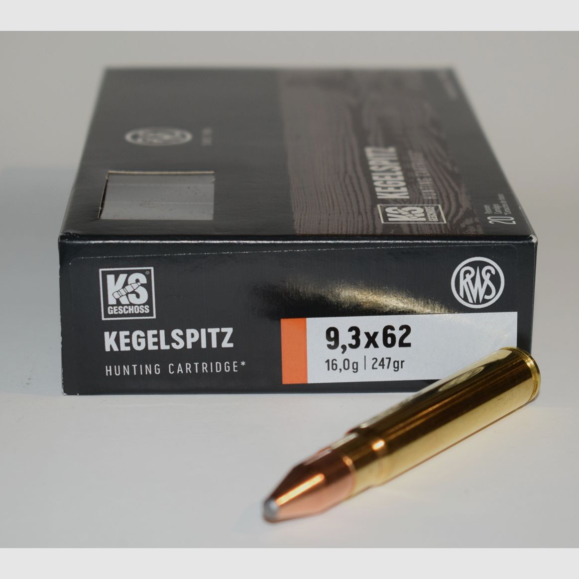 1 Box mit 20 Patronen RWS Kaliber 9,3×62, KS 247 Grain, 16 Gramm