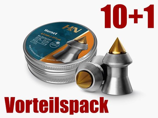 10+1 GRATIS x 225 StĂĽck H&N Hornet Diabolo, Hohlspitz, Messingspitze, Jagd, Kaliber 4,5 mm, 0,62 g