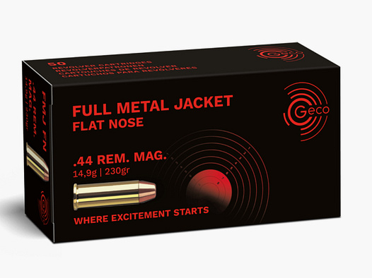 50 Schuss GECO .44 Rem. Mag FMJ Flat Nose Vollmantel Flachkopf Munition 230gr 14,9g Revolverpatronen