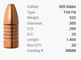 Barnes bullet .505 Gibbs/.505 525GR TSX HP FB 20 pieces