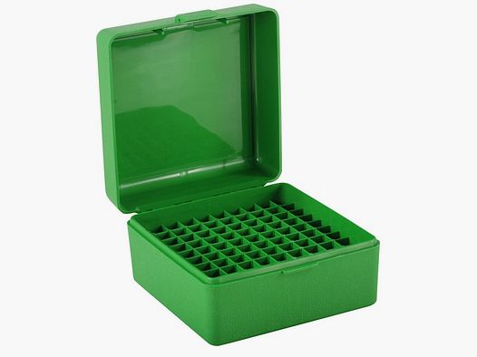 Boîte à cartouches MTM RS-100-10 verte avec couvercle rabattable pour 100 cartouches .223 et autres.