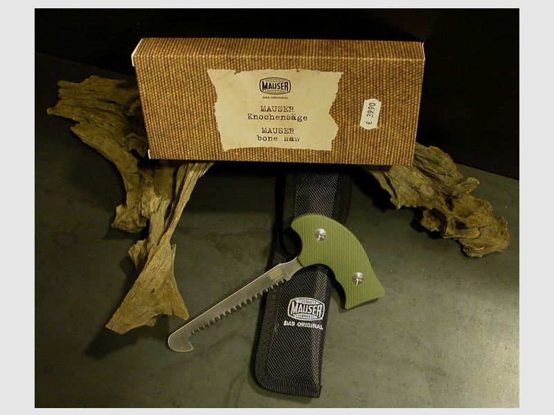Mauser Coltello da Caccia Knochensge Zerwirksge Impugnatura MICARTA Verde Oliva + Fodero in Codura + Scatola Regalo