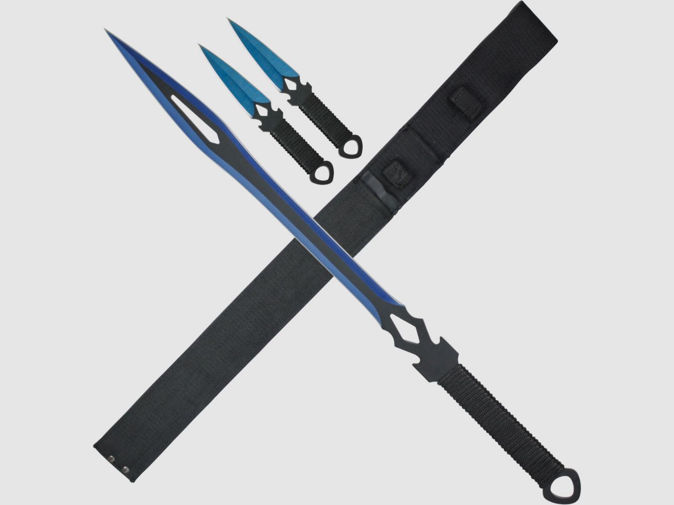 Back sword with throwing knife blue-black