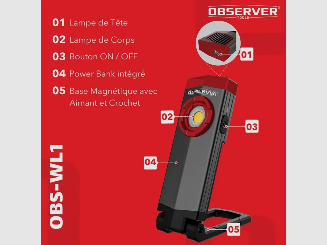 Lampa robocza SLIM OBSERVER - Ładowana przez USB-C 1000 Lumenów, zdjęcie 7 z 9