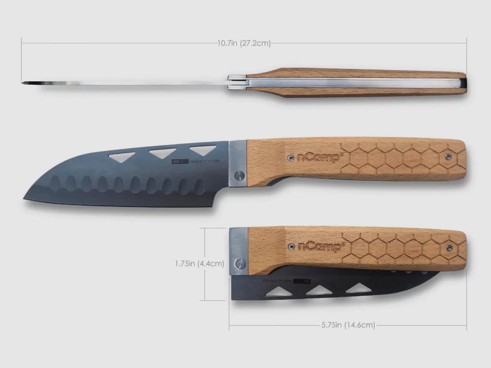 nCamp Premium Santoku-mes voor voedselbereiding (9cr18Mov-blade/beuken handvat) met nylon, afbeelding 2 van 5