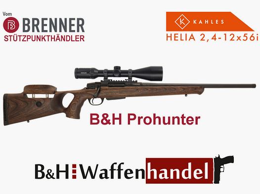 Brenner Komplettpaket: BR-20 B&H Prohunter Lochschaft mit Verstellung inkl. Kahles Helia 2.4-12x56 fertig montiert Jagd Repetierbüchse