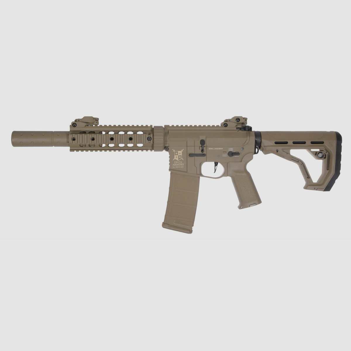 AR15 SilentOps 7 pulgadas CHARLIE EAGLE ETU Tan S-AEG Rifle Airsoft Libre a partir de 18 años | Delta Armory