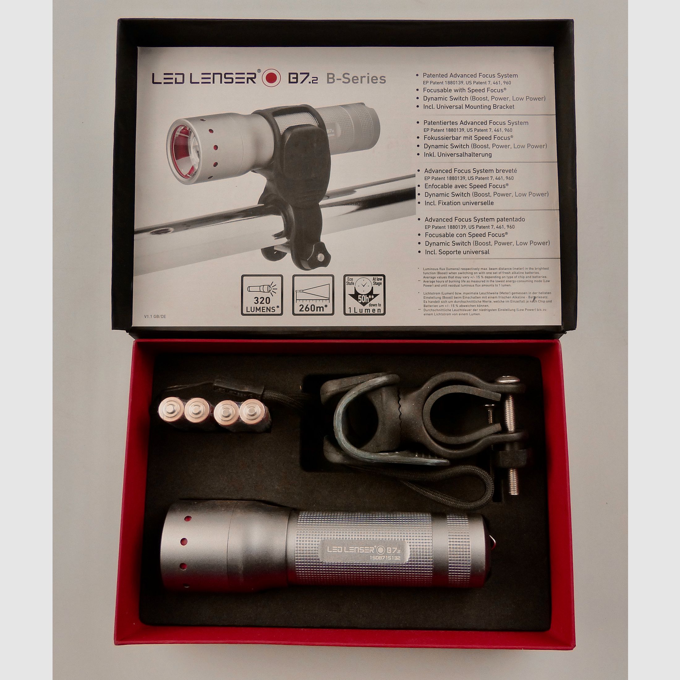 B WARE Ledlenser LED Taschenlampe inkl. Universalhalterung Fahrradlampe silber B7.2 C013