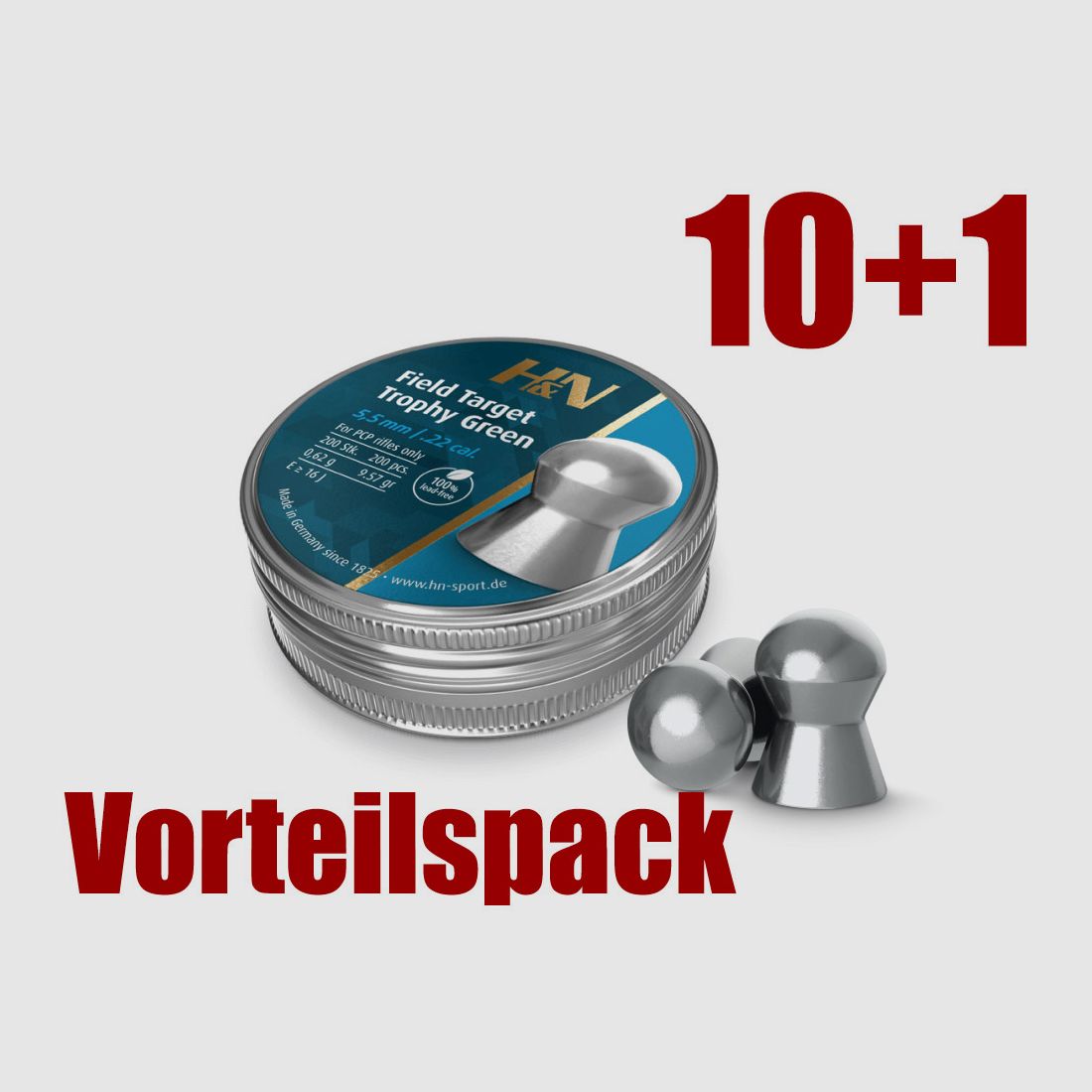 Vorteilspack 10+1 Rundkopf Diabolos H&N Field Target Trophy Green Kaliber 5,5 mm 0,62 g glatt 11 x 200 StĂĽck