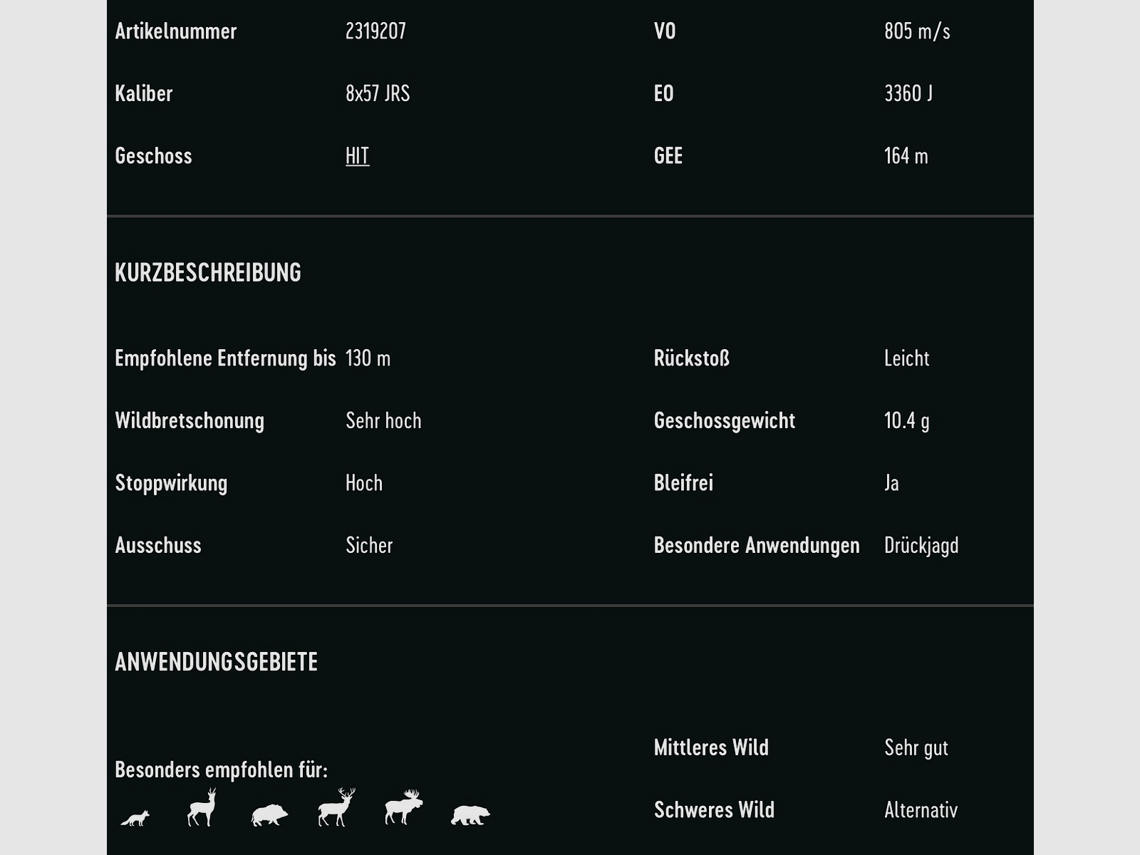 RWS 2319207 cartridges 8x57 IRS HIT 10.4g 160grs. Lead-free