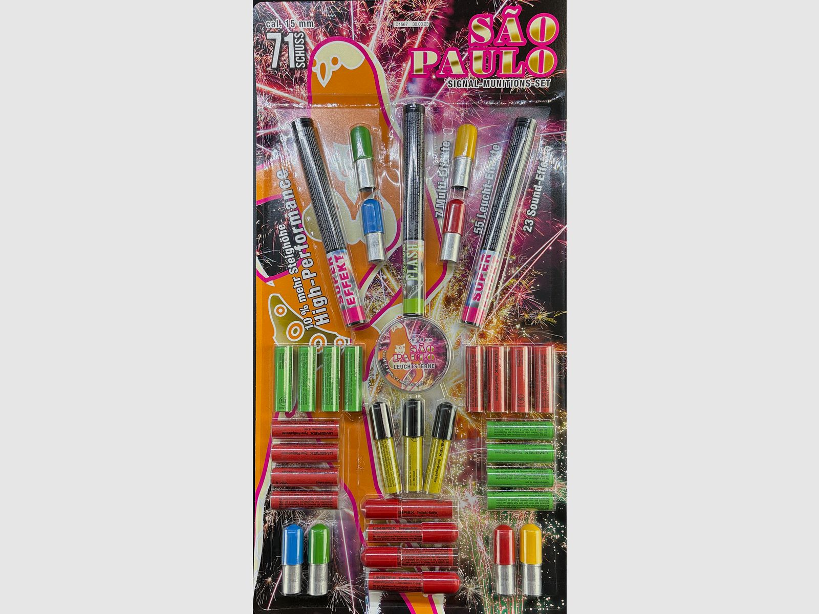 Umarex 4.1493 Sao Paulo 71 Schuss verschiedene Effekte 15mm Pyro Leucht Sound Multi Paket