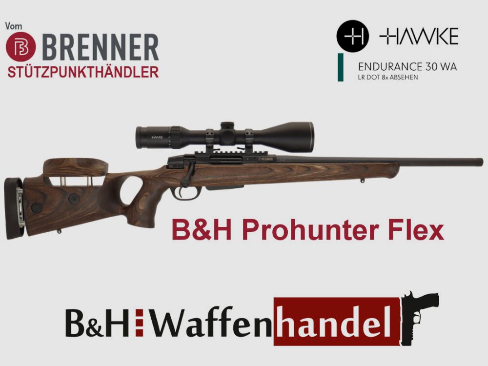 Brenner Komplettpaket: BR20 B&H Prohunter Flex Lochschaft mit Hawke Endurance 3-12x56 fertig montiert