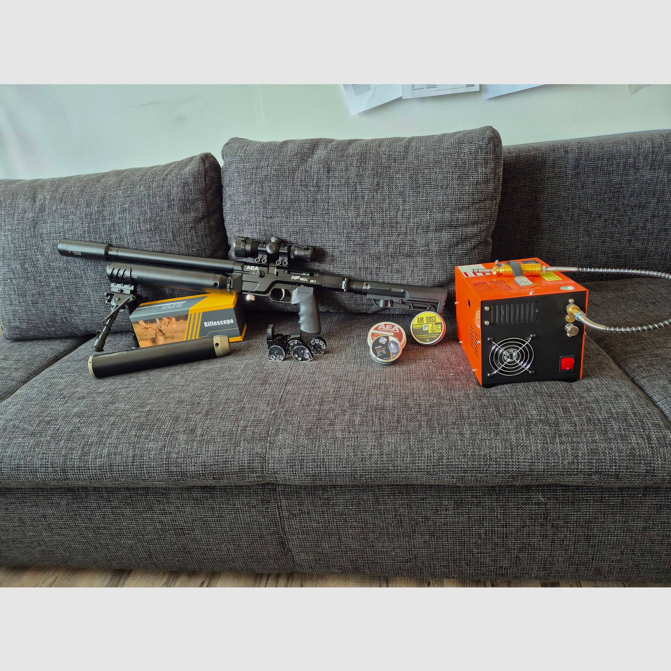 AEA HP Max MK2 9mm/.357 conjunto completo: 5 cargadores, 2 tanques, compresor VEVOR, ópticas y accesorios (GoGun 03/2025)