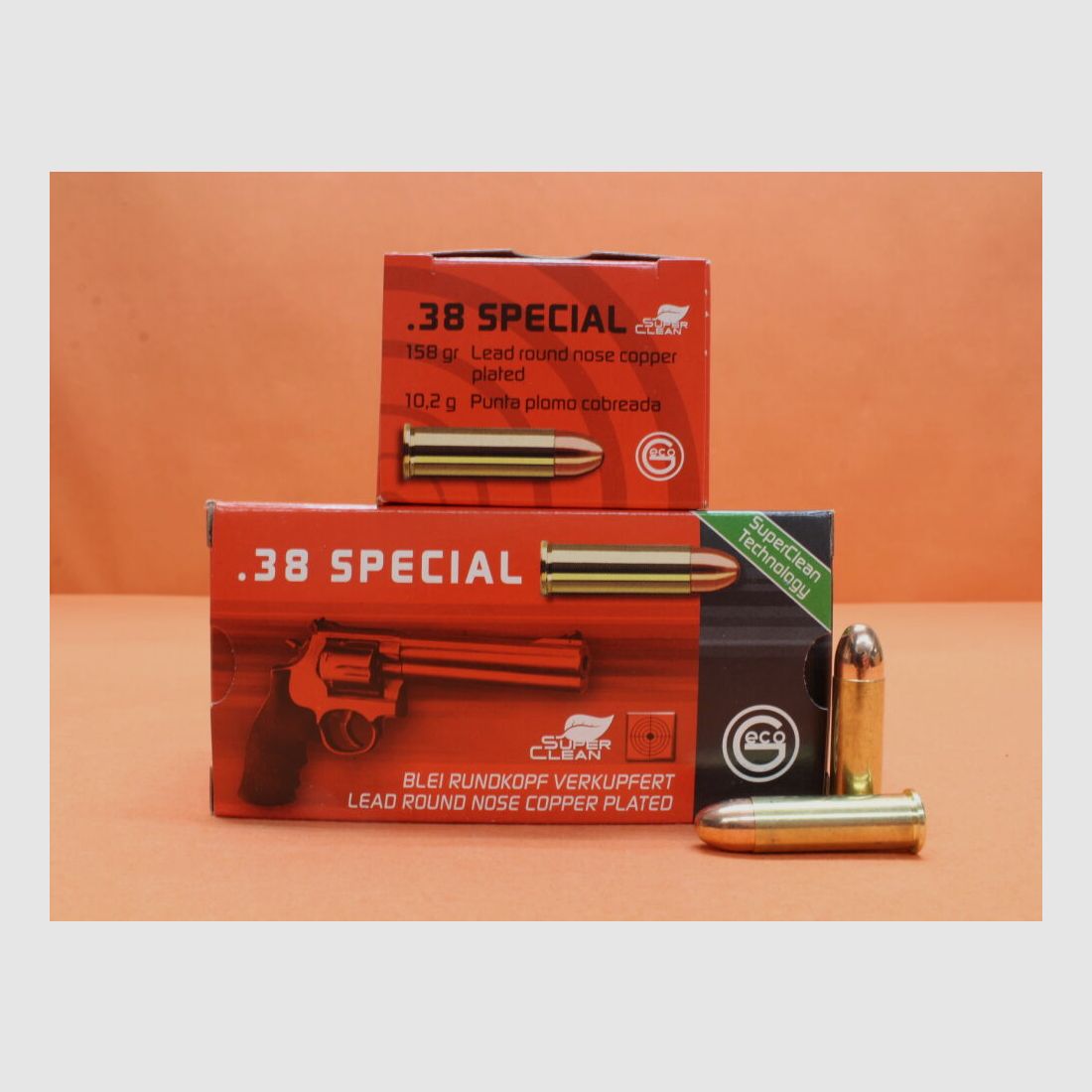 Cartouche GECO .38Special GECO 158grs CLRN SX (2319100) VE 50 cartouches (SuperClean - faible en polluants) / 10,2g tête ronde en plomb cuivrée