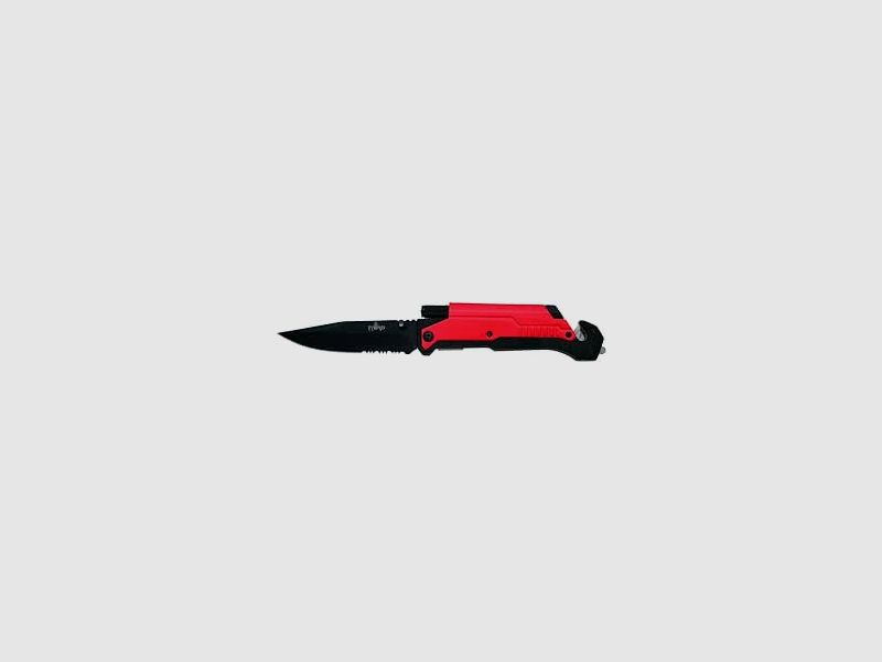 THIRD Rettungsmesser 17576RS, roter Aluminiumgriff, schwarze Edelstahlklinge von 10,5 cm mit Säge. Mit Clip, Cutter, Glasbrecher-Spitze in Präsentationsbox.