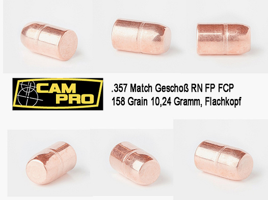 500 x .357 Magnum 38 Special 158 Grain 10,24 Gramm RUND RN Flachkopf FP FCP Vollmantel CamPro K10