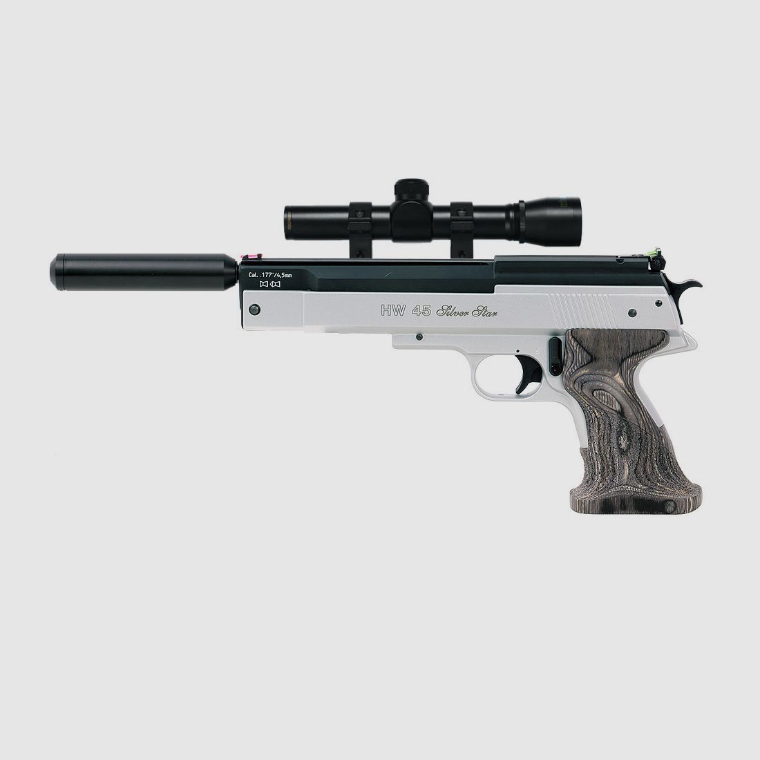 Federdruck Luftpistole Weihrauch HW 45 Silver Star Schichtholzgriff Kaliber 4,5 mm (P18) + Zielfernrohr 2x20 SchalldĂ¤mpfer