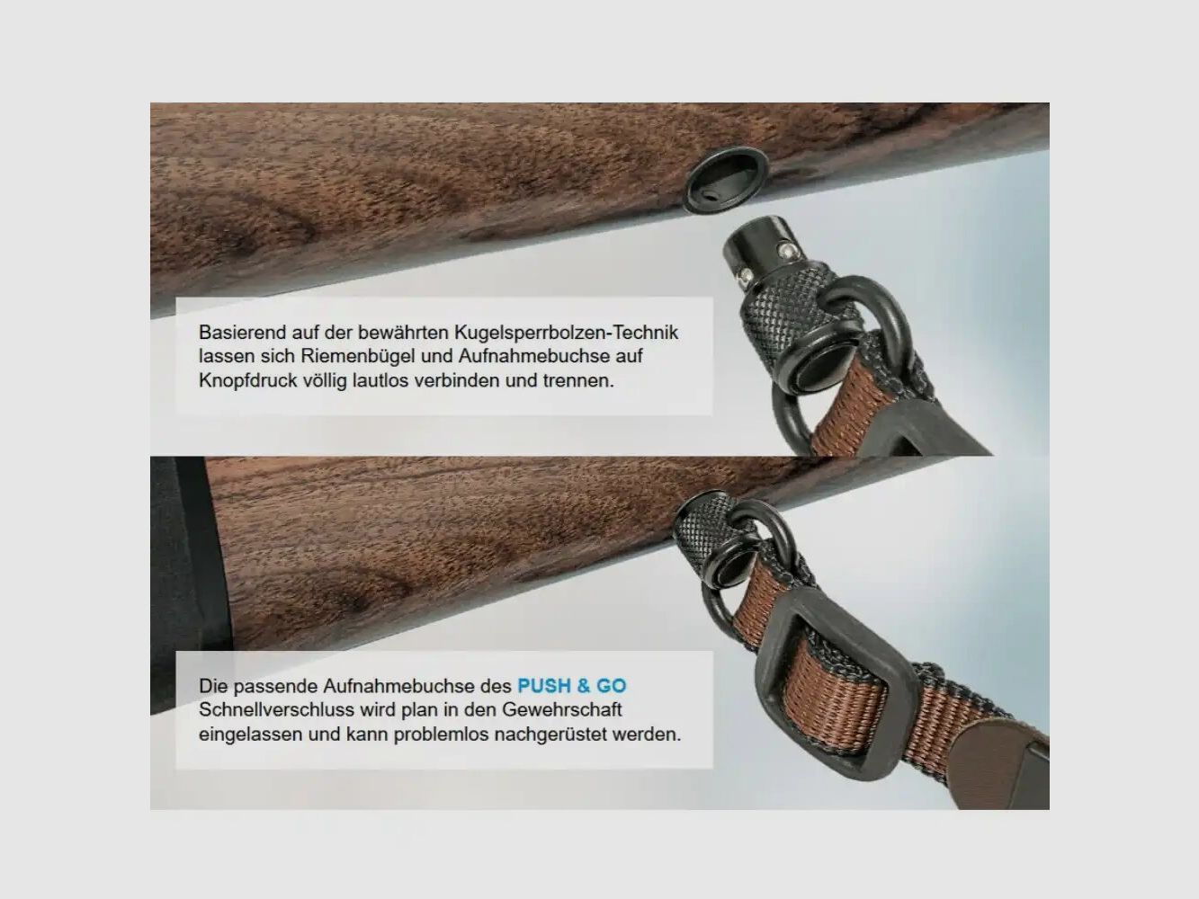 Soporte de correa Halder y casquillo "Push & Go" para mangos de madera