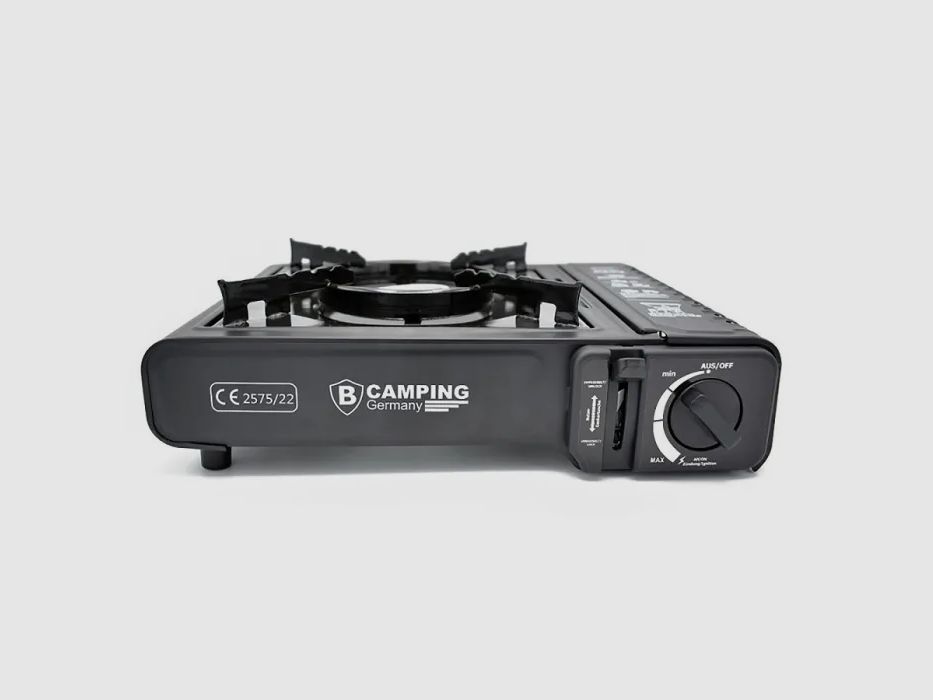 Gas stove / camping stove in carrying case with safety system - black