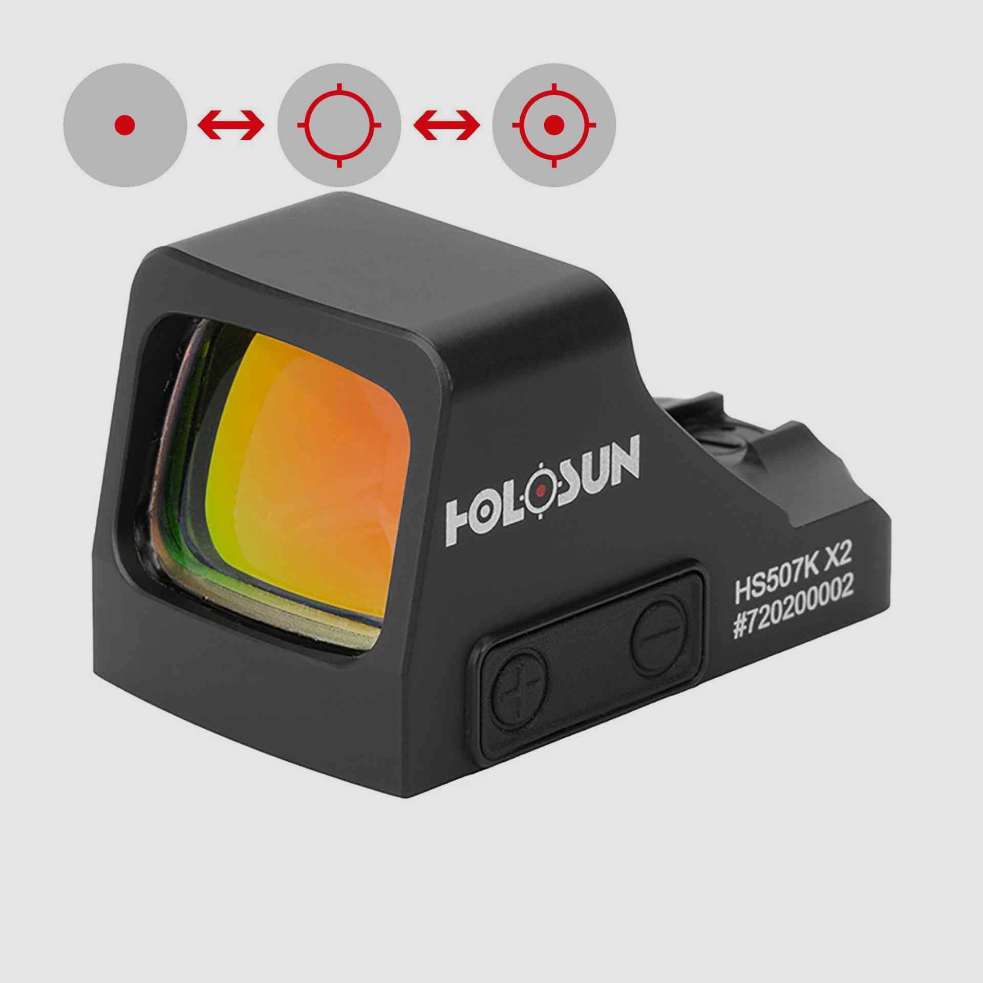 HOLOSUN HS507K-X2 Mirino Reflex Aperto con punto rosso 2MOA intercambiabile, reticolo circolare 32MOA