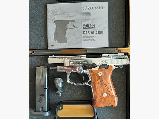 Zoraki 914 Chrom und Graviert, mit Holz Griff, ältere PTB 1014