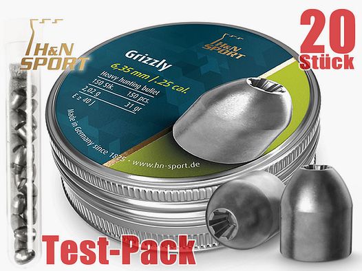 Testpack 20 StĂĽck H&N Jagd-Diabolo GRIZZLY, Kaliber 6,35 mm, Gewicht 2,02 g