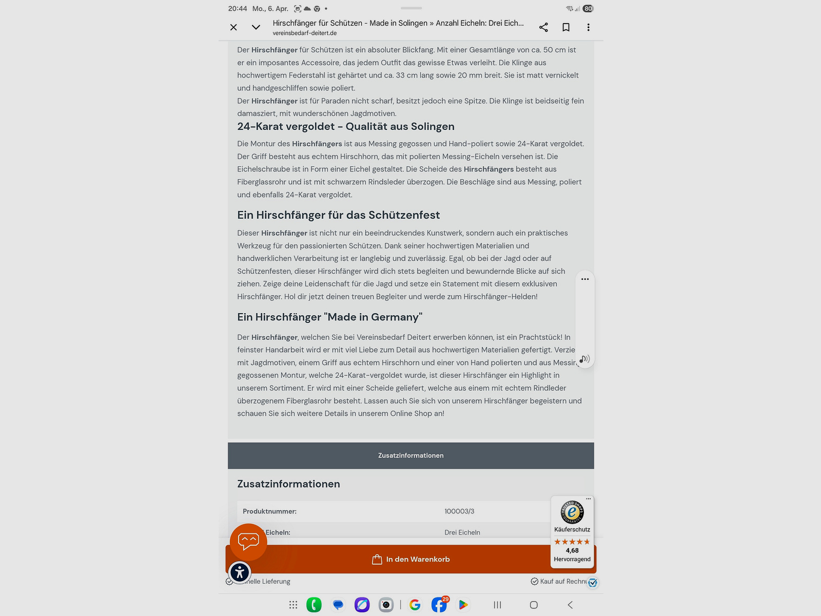 NEU  Hirschfänger - 24 k - Hertenhoorn