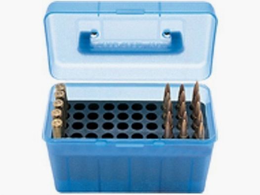 MTM Deluxe scatola per cartucce H50-RS-24 blu trasparente con coperchio a ribalta e maniglia per 50 cartucce .17 e inferiori.