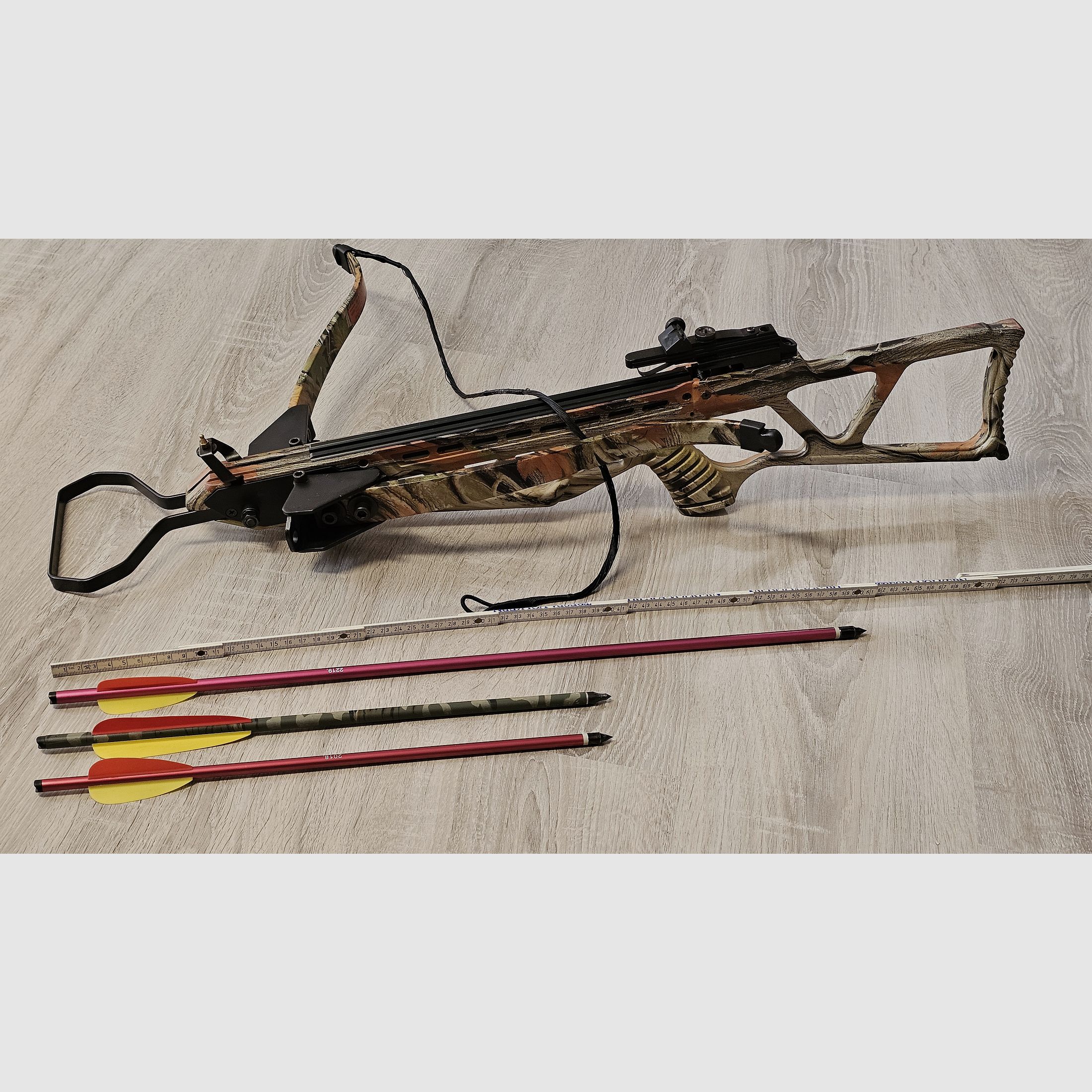 Recurve crossbow double set: 2x Skeleton Hunter 120 lbs (Camo & Black) foldable, 45 bolts, spare string